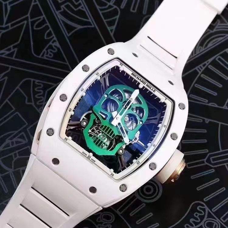 Richard Mille RM52 - 01 Green Skull Tourbillon Watch (White Ceramic Case, White Rubber Strap)