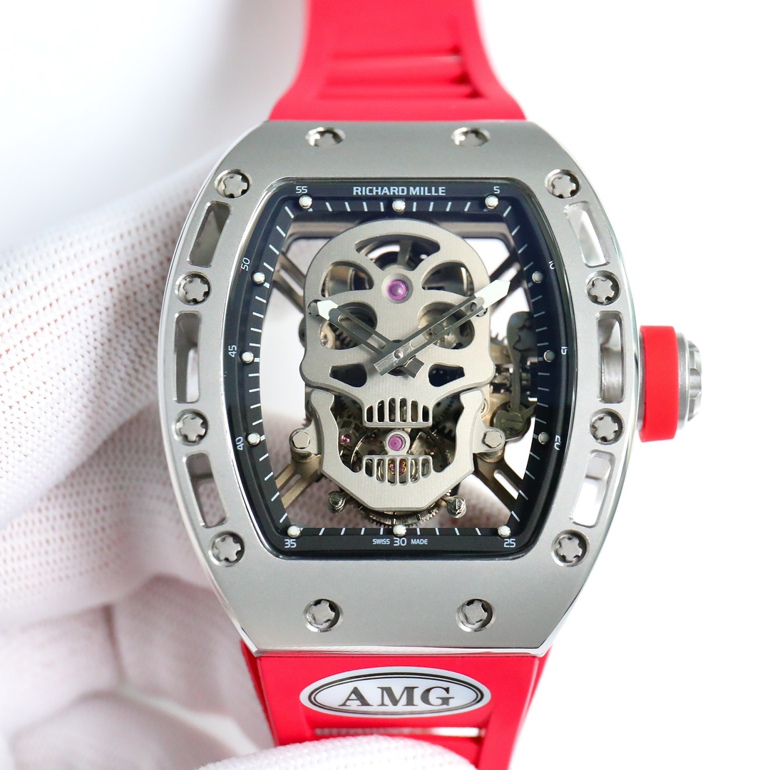 Richard Mille Skull Tourbillon Watch (Titanium Case, Red Rubber AMG - Branded Strap)