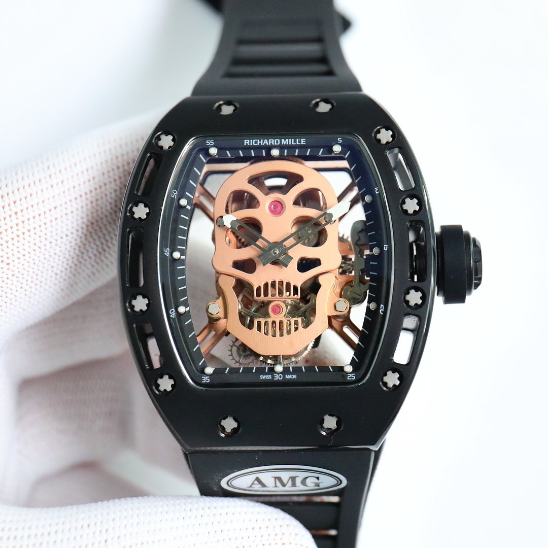 Richard Mille Rose Gold Skull Tourbillon Watch (Black Ceramic Case, Black Rubber AMG Strap)