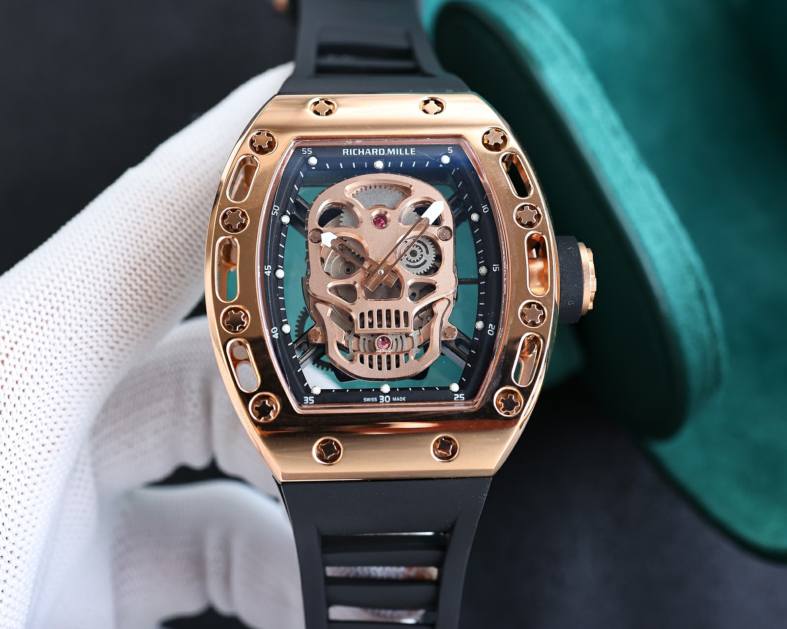Richard Mille Skull Skeleton Tourbillon Watch (18K Rose Gold Case, Black Rubber Strap)