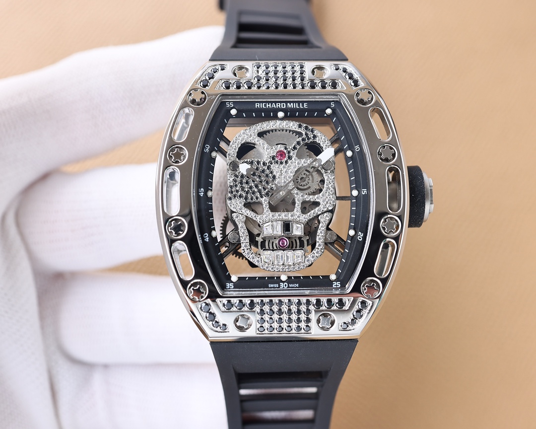 Richard Mille Diamond & Black Gem - Inlaid Skull Tourbillon Watch (Titanium Case, Black Rubber Strap)