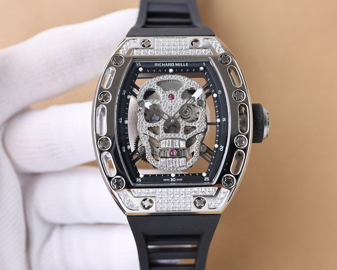Richard Mille Diamond - Encrusted Skull Tourbillon Watch (Titanium Case, Black Rubber Strap)