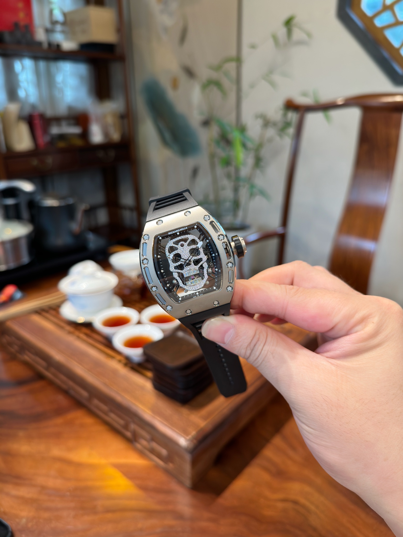 Richard Mille Diamond - Inlaid Skull Tourbillon Watch (Titanium Case, Black Rubber Strap)