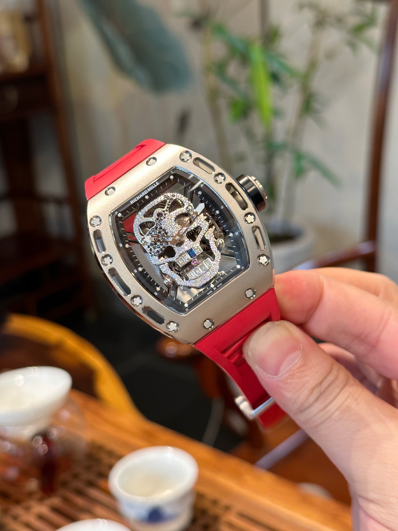 Richard Mille Diamond - Set Skull Tourbillon Watch (Titanium Case, Red Rubber Strap)