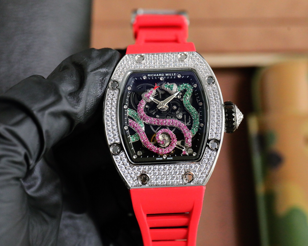 Richard Mille Diamond - Encrusted Gemstone Snake Tourbillon Watch (Red Rubber Strap, Diamond - Set Bezel)