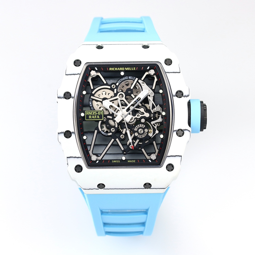Richard Mille RM 35-01 Automatic Skeleton Watch (White Titanium Case, Light Blue Rubber Strap)