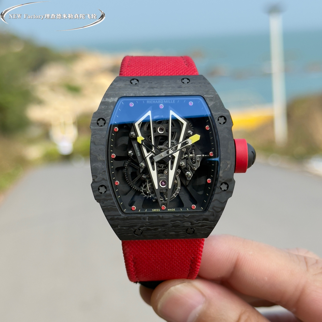 Richard Mille Tourbillon Watch (Black Carbon Composite Case, Red Fabric Strap)