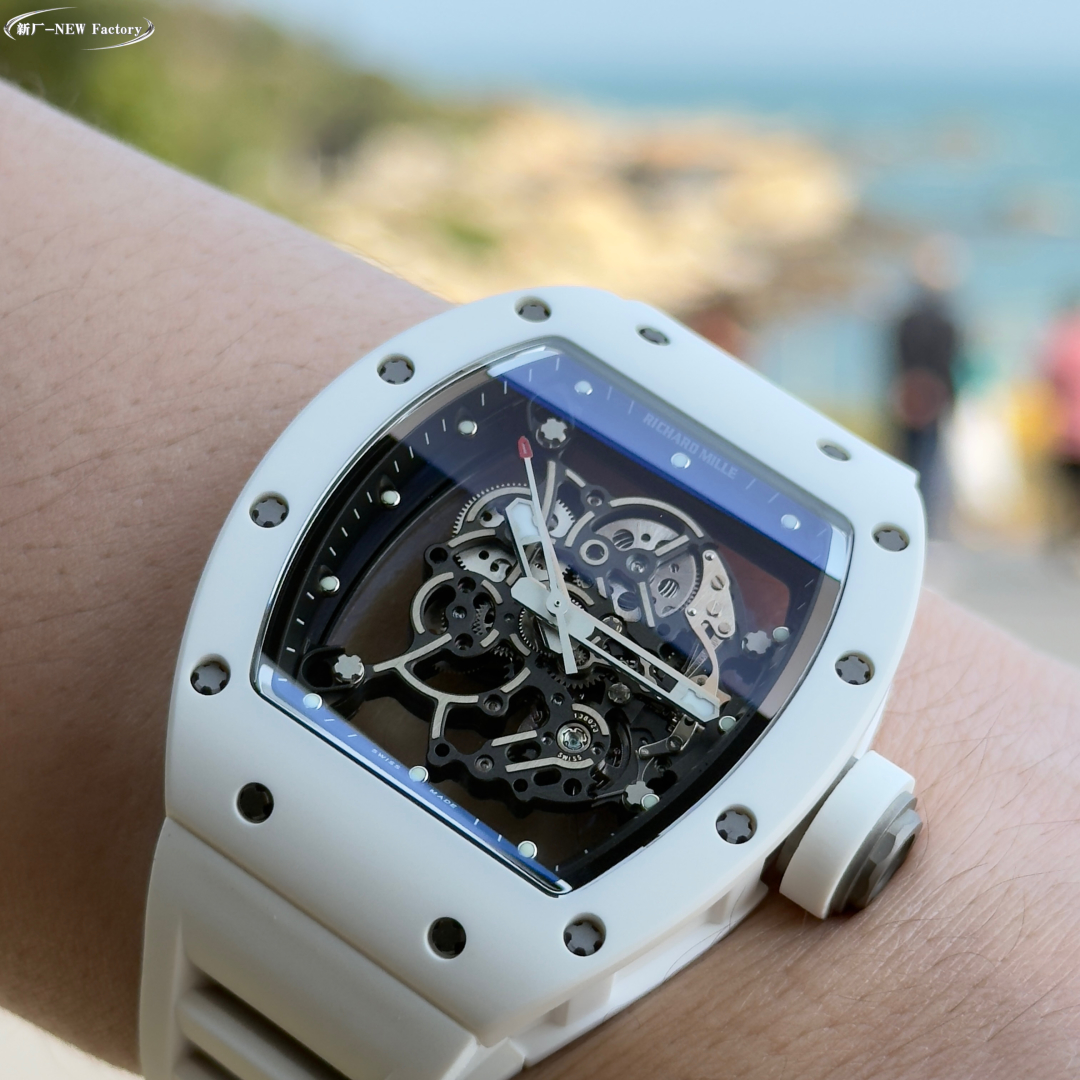 Richard Mille Skeleton Automatic Watch (White Ceramic Case, White Rubber Strap)