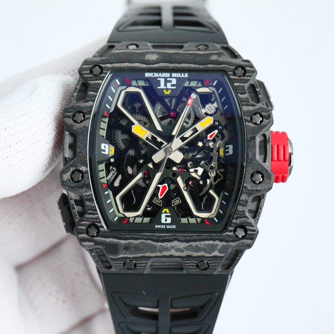 Richard Mille Skeleton Automatic Watch (Black Carbon Case, Black Rubber Strap)