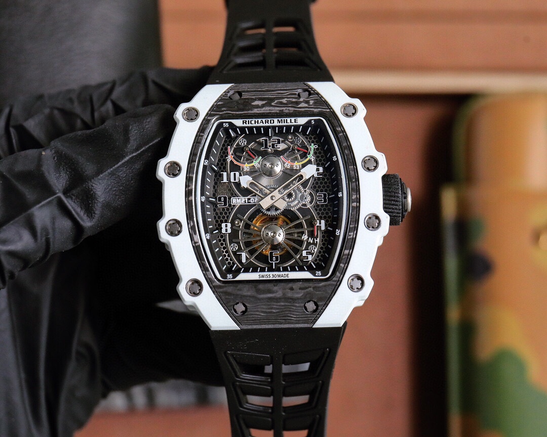 Richard Mille RM 21-02 Tourbillon Watch (White Ceramic & Carbon Case, Black Rubber Strap)