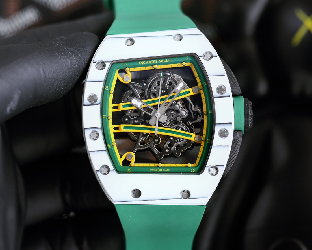 Richard Mille RM059 Skeleton Watch (White Ceramic Case, Green Rubber Strap)
