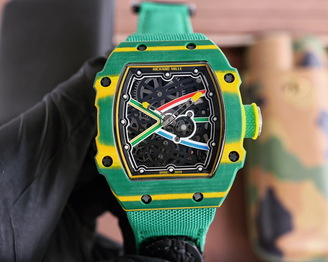 Richard Mille RM 67 Skeleton Watch (Green & Yellow TPT Carbon Case, Matching Rubber Strap)
