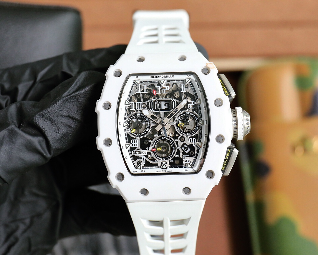 Richard Mille RM 11-02 White Ceramic Chronograph Watch (White Rubber Strap)