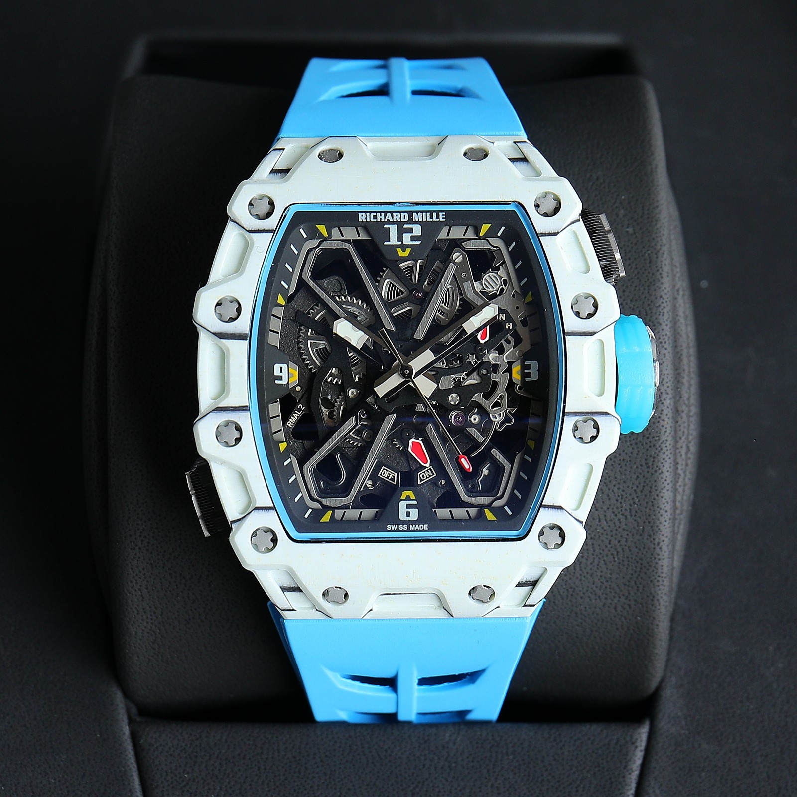 Richard Mille RM 35-03 Skeleton Chronograph Watch (White Ceramic Case, Light Blue Rubber Strap)