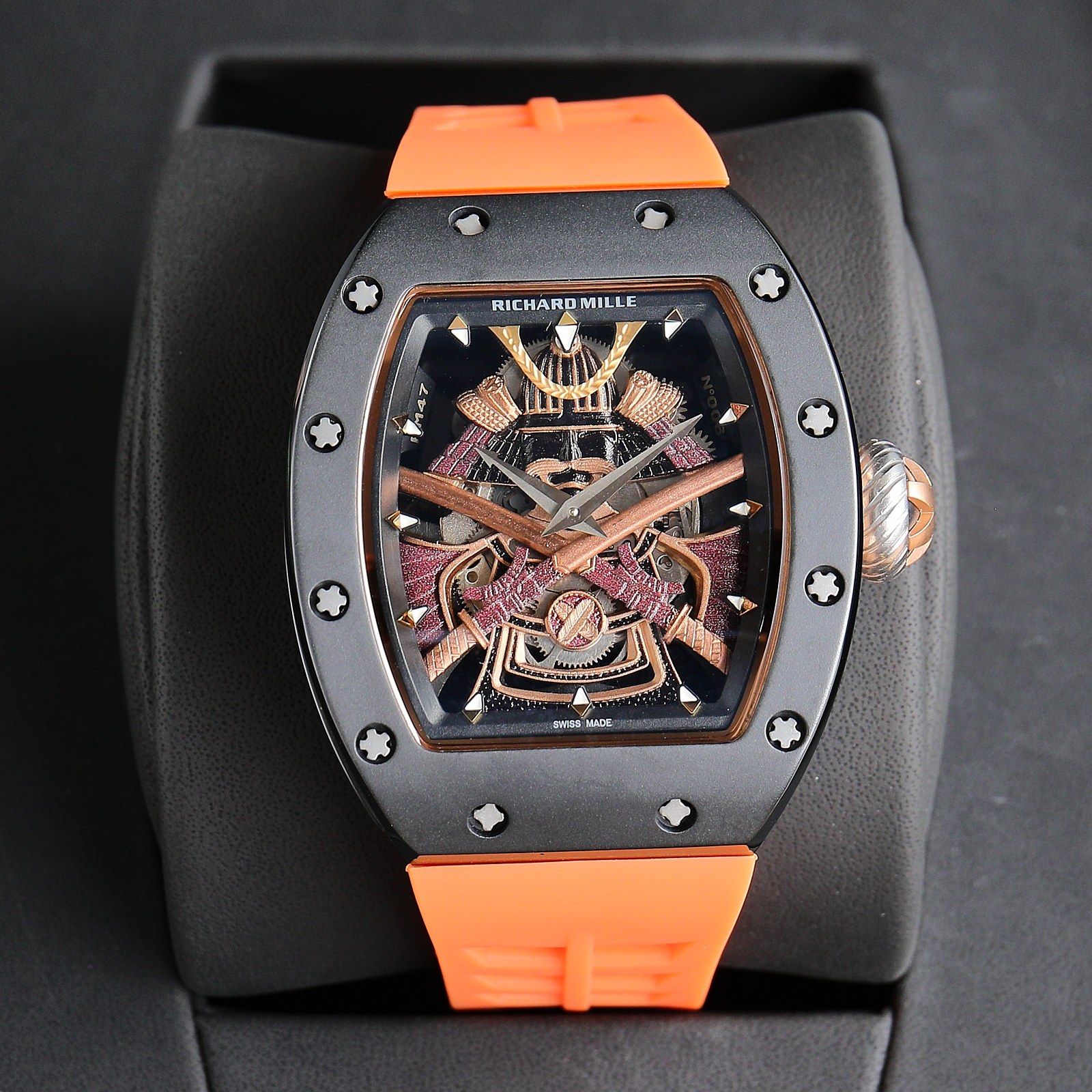 Richard Mille Samurai - Inspired Tourbillon Watch (Black Ceramic Case, Orange Rubber Strap)