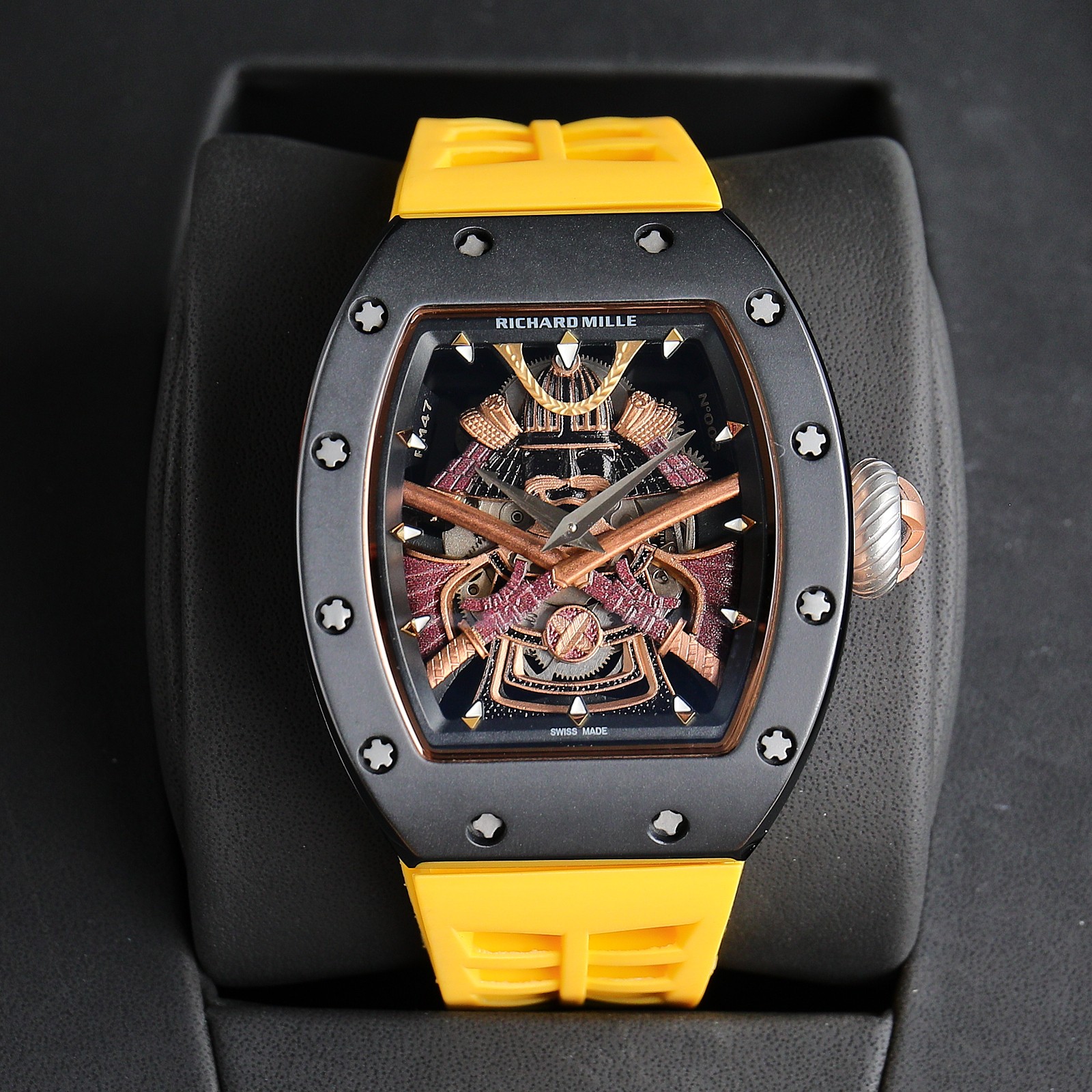Richard Mille Samurai - Inspired Tourbillon Watch (Black Ceramic Case, Yellow Rubber Strap)