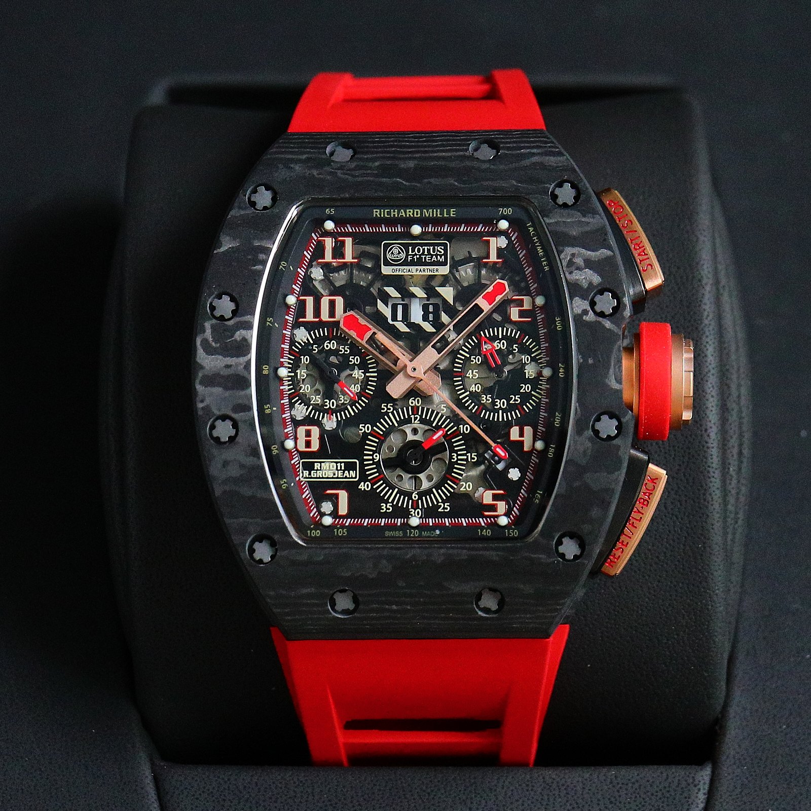 Richard Mille RM 011 Lotus F1 Team Carbon TPT Chronograph Watch (Red Rubber Strap)