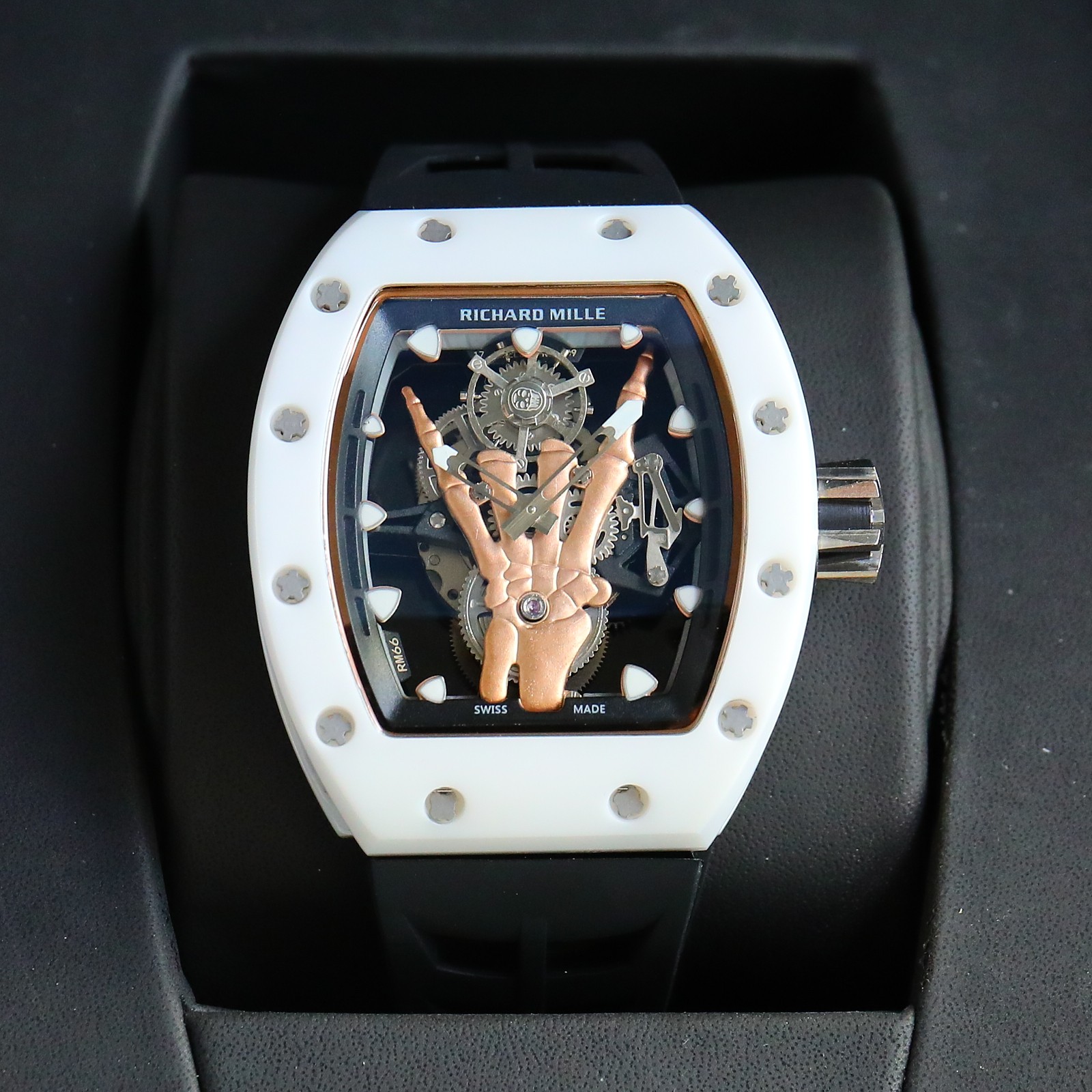 Richard Mille Skull - Hand Tourbillon Watch (White Ceramic Case, Black Rubber Strap)