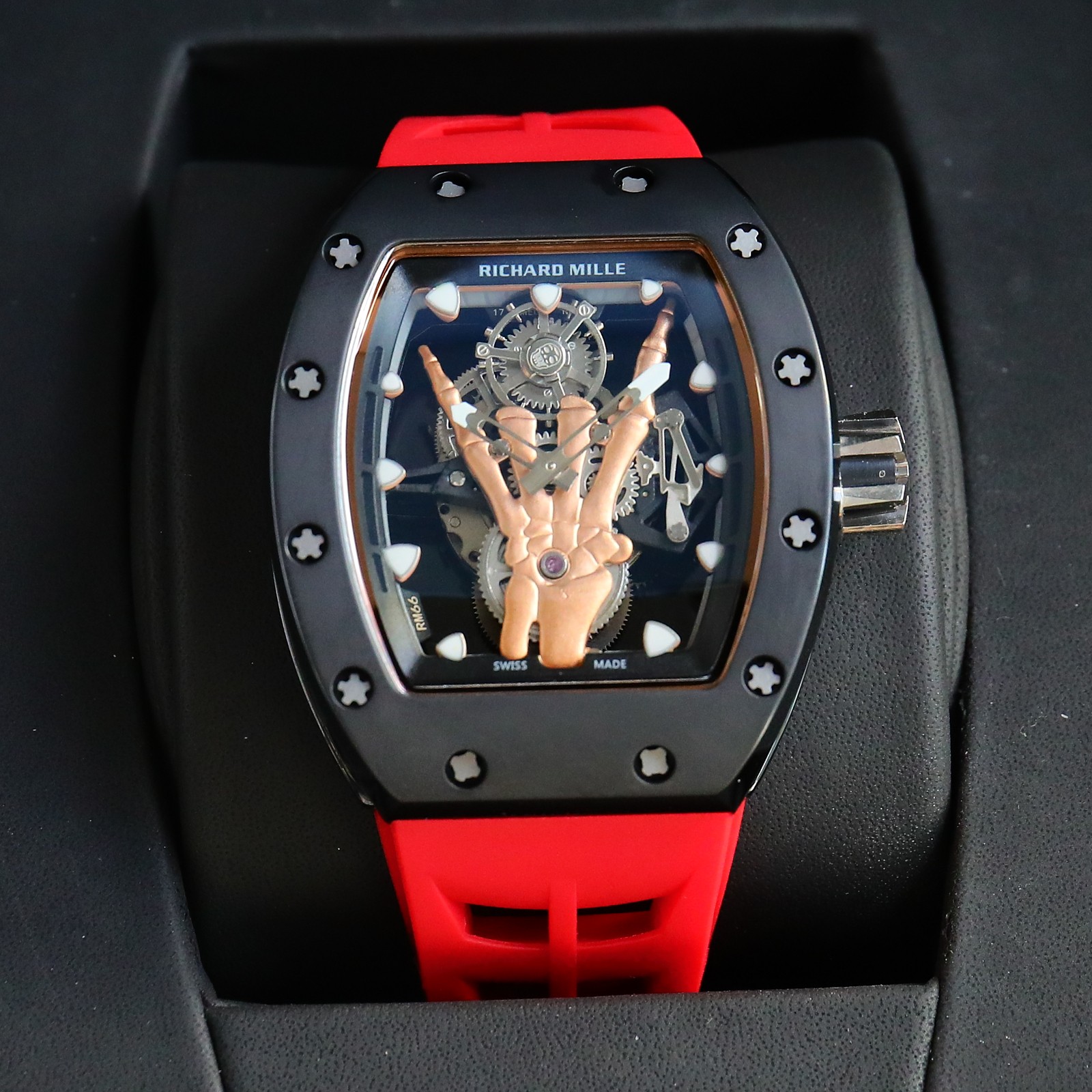 Richard Mille Skull - Hand Tourbillon Watch (Black Ceramic Case, Red Rubber Strap)