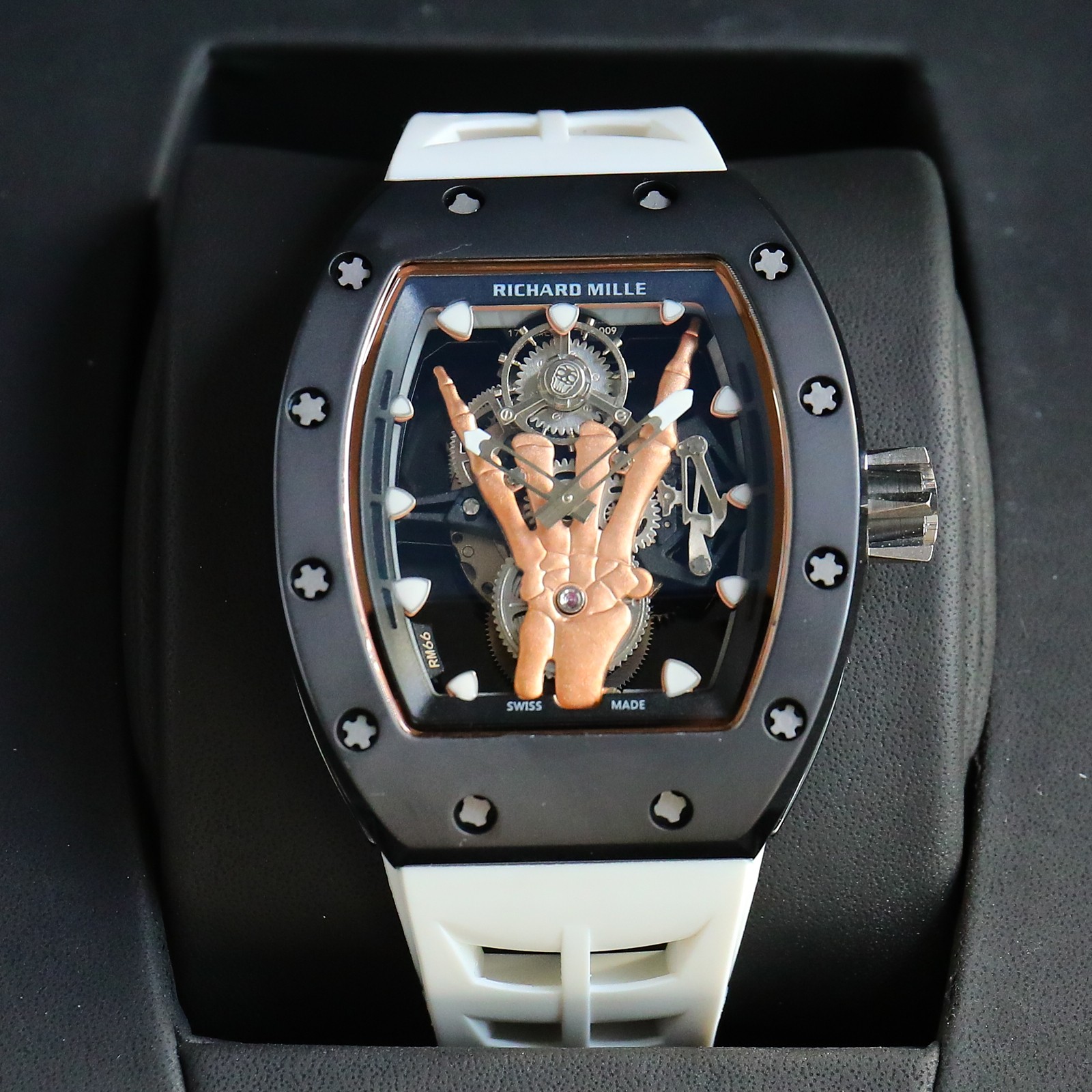 Richard Mille Skull - Hand Tourbillon Watch (Black Ceramic Case, White Rubber Strap)