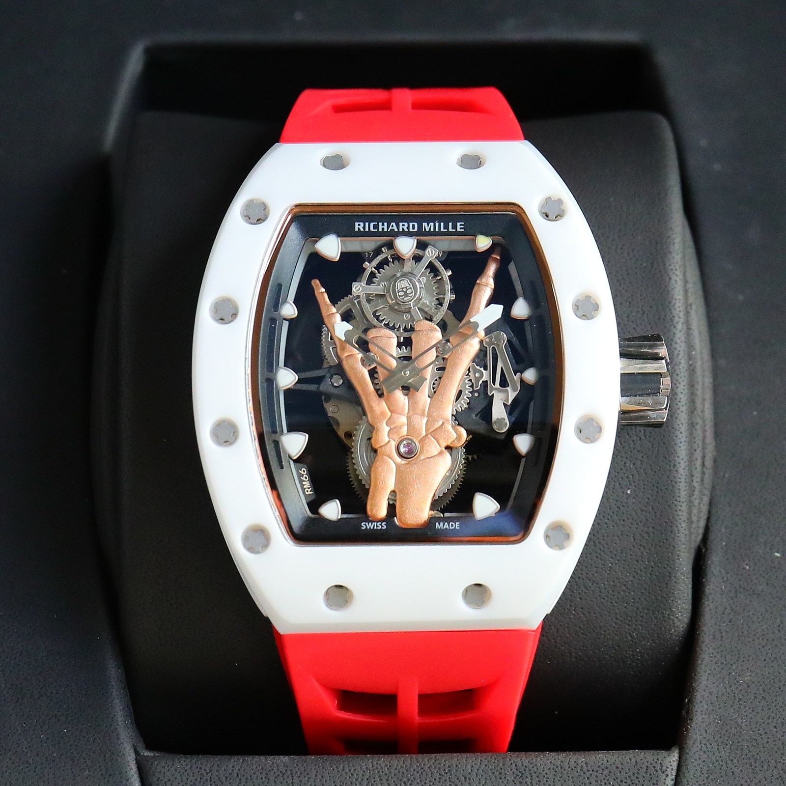 Richard Mille Skull - Hand Tourbillon Watch (Red Rubber Strap, White Ceramic Case)
