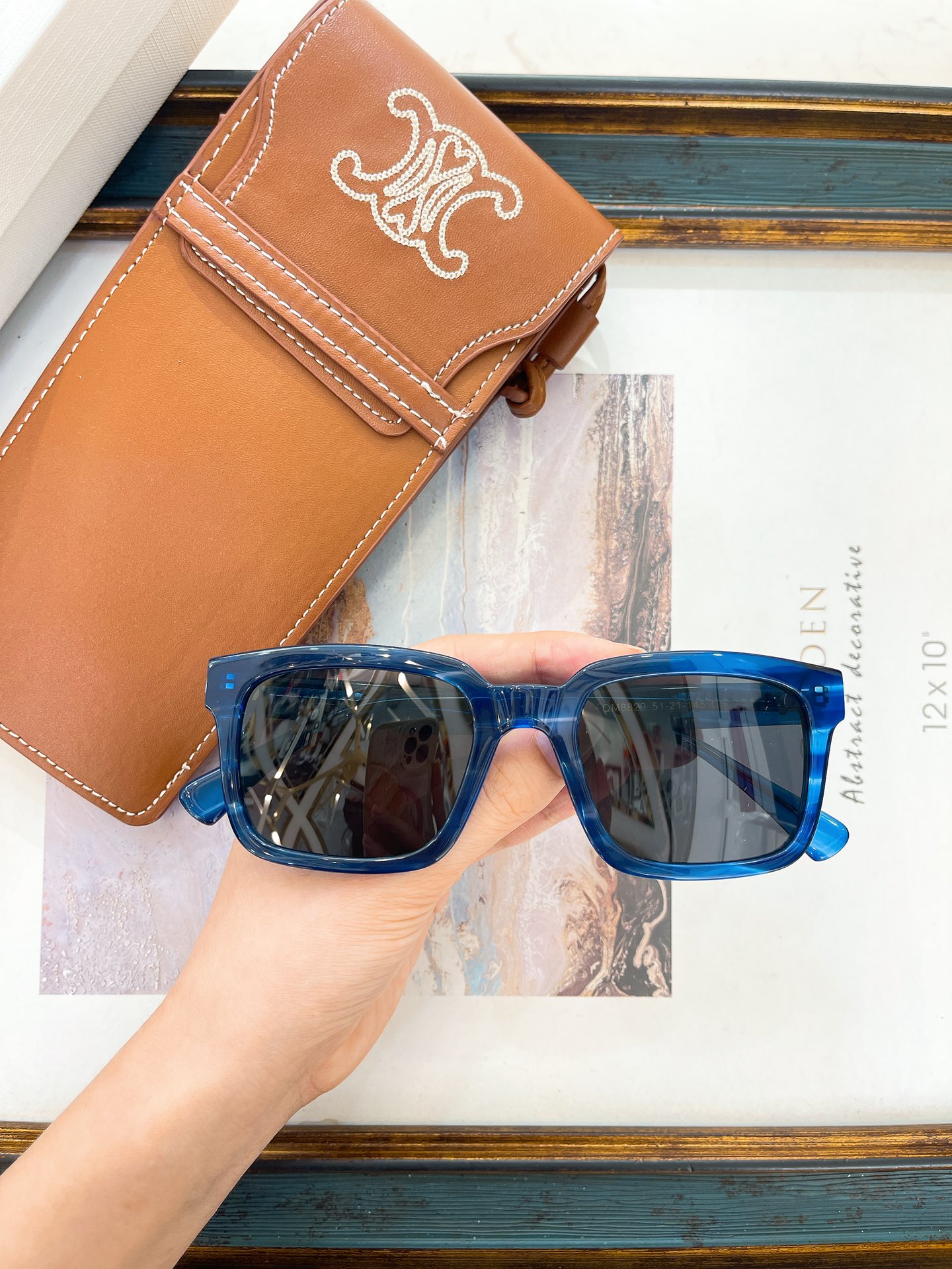 Celine Square Blue Acetate Sunglasses with Triomphe - Embroidered Leather Case (Model: CL4136)