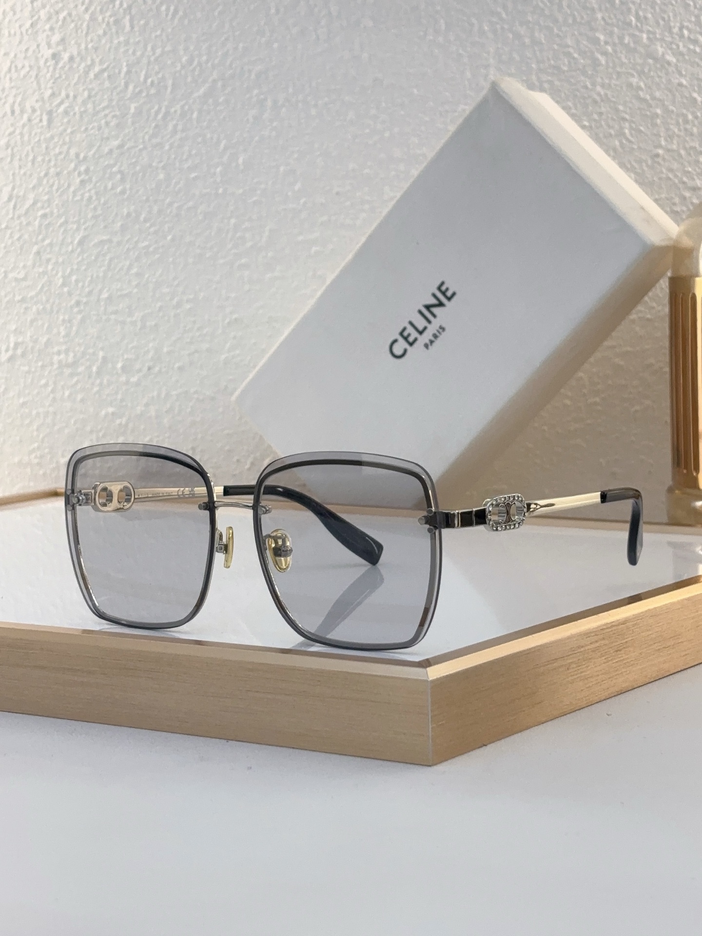 Celine Square Gold - Tone Metal Sunglasses with Triomphe Accent (Model: CL4132)
