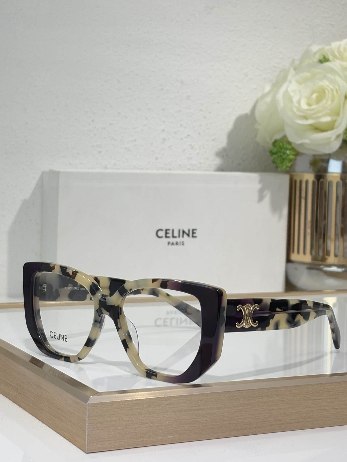 Celine Cat - Eye Brown Marbled Acetate Eyeglasses with Gold Triomphe Accent (Model: CL5004)
