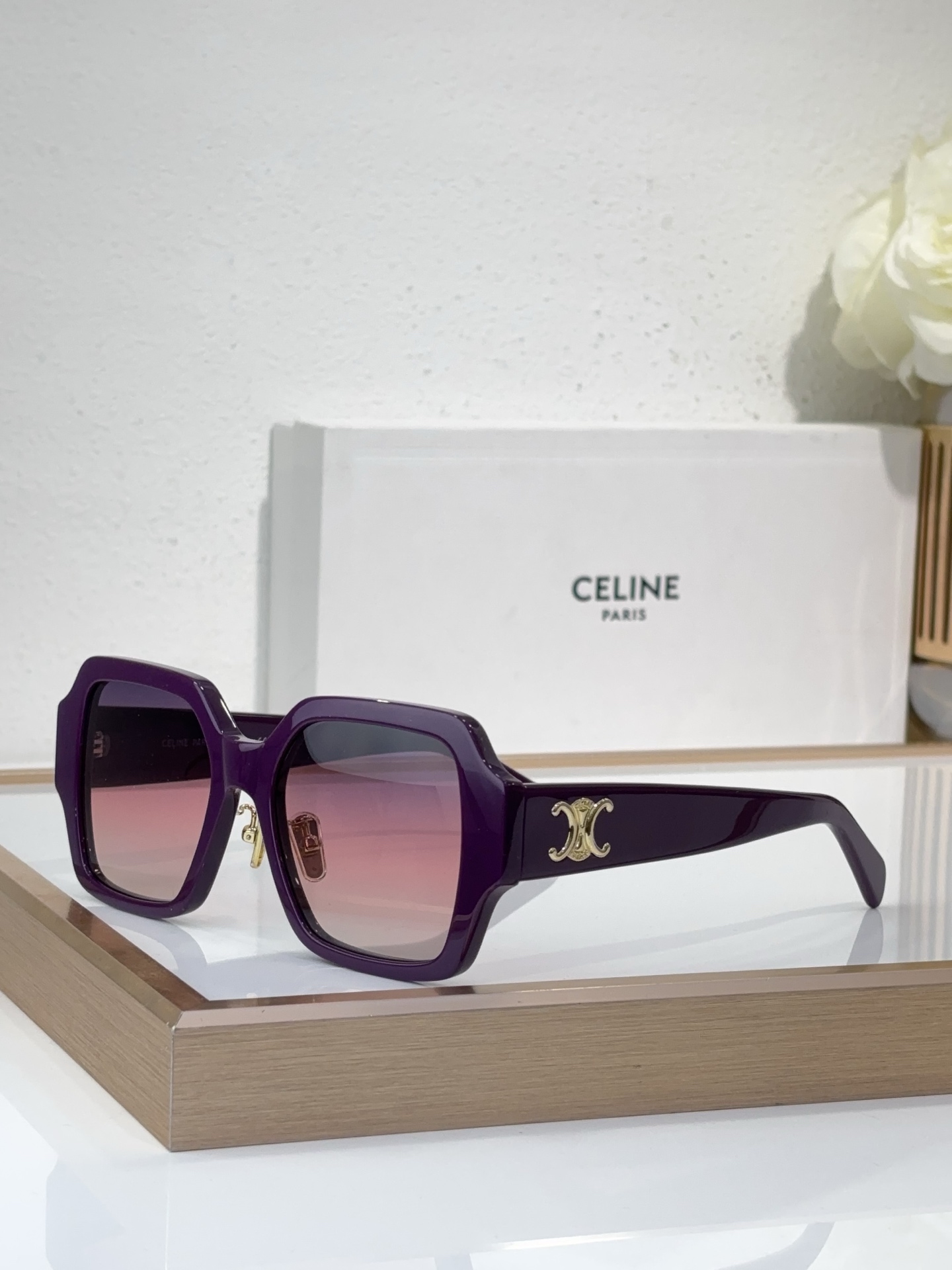 Celine Square Black Acetate Sunglasses with Gold Triomphe Accent (Model: CL4130)