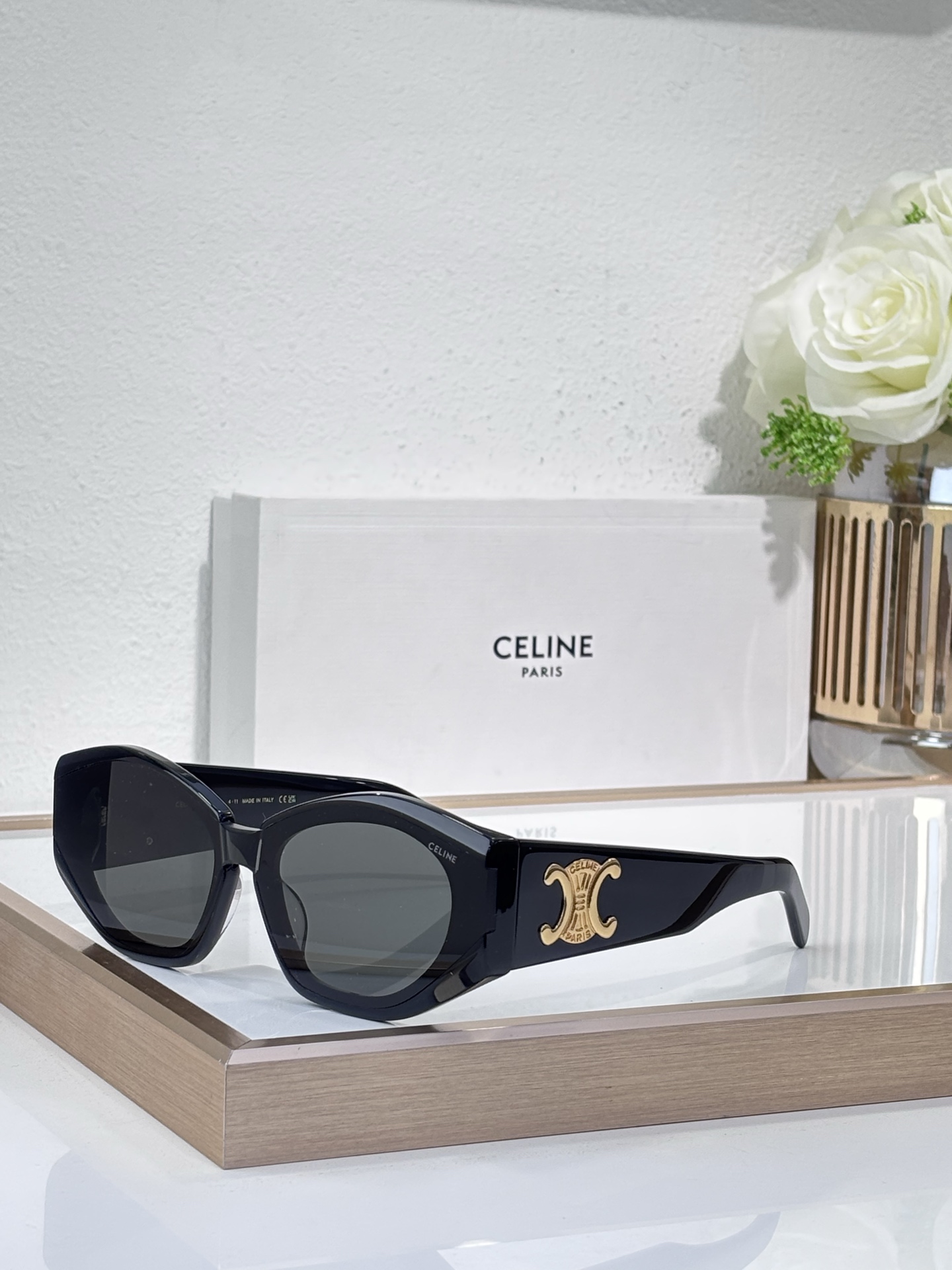 Celine Geometric Black Acetate Sunglasses with Gold Triomphe Accent (Model: CL4128)