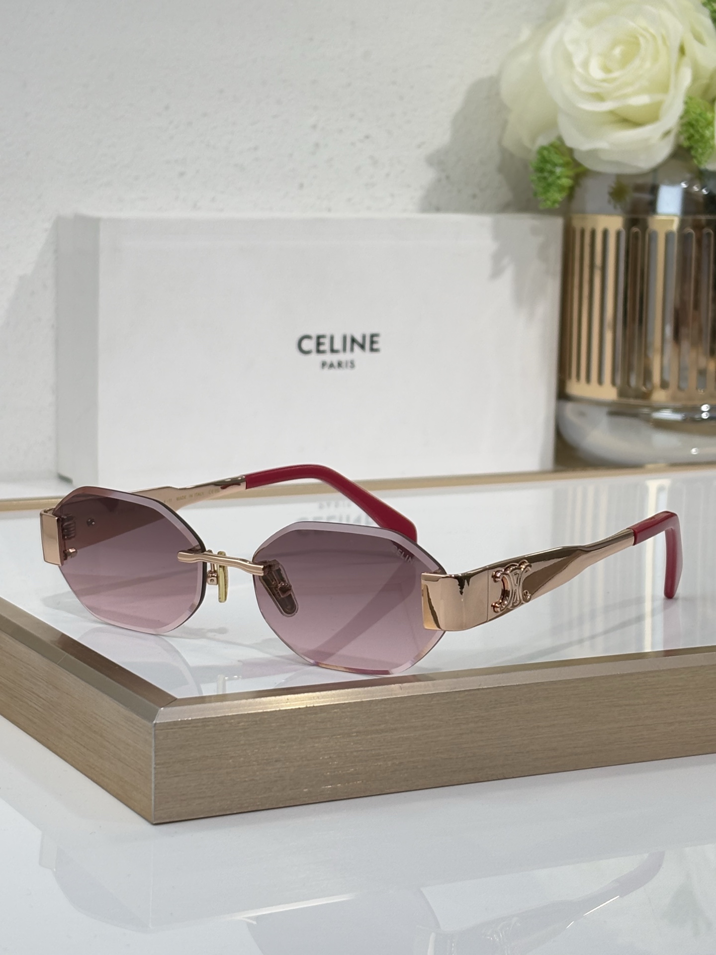 Celine Octagonal Rimless Gold - Tone Sunglasses with Triomphe & Tortoiseshell Accents (Model: CL4119)