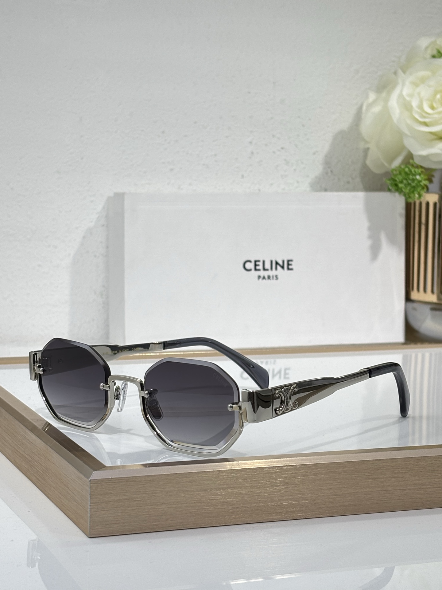 Celine Octagonal Silver - Tone Metal Sunglasses with Triomphe Accents (Model: CL4113)