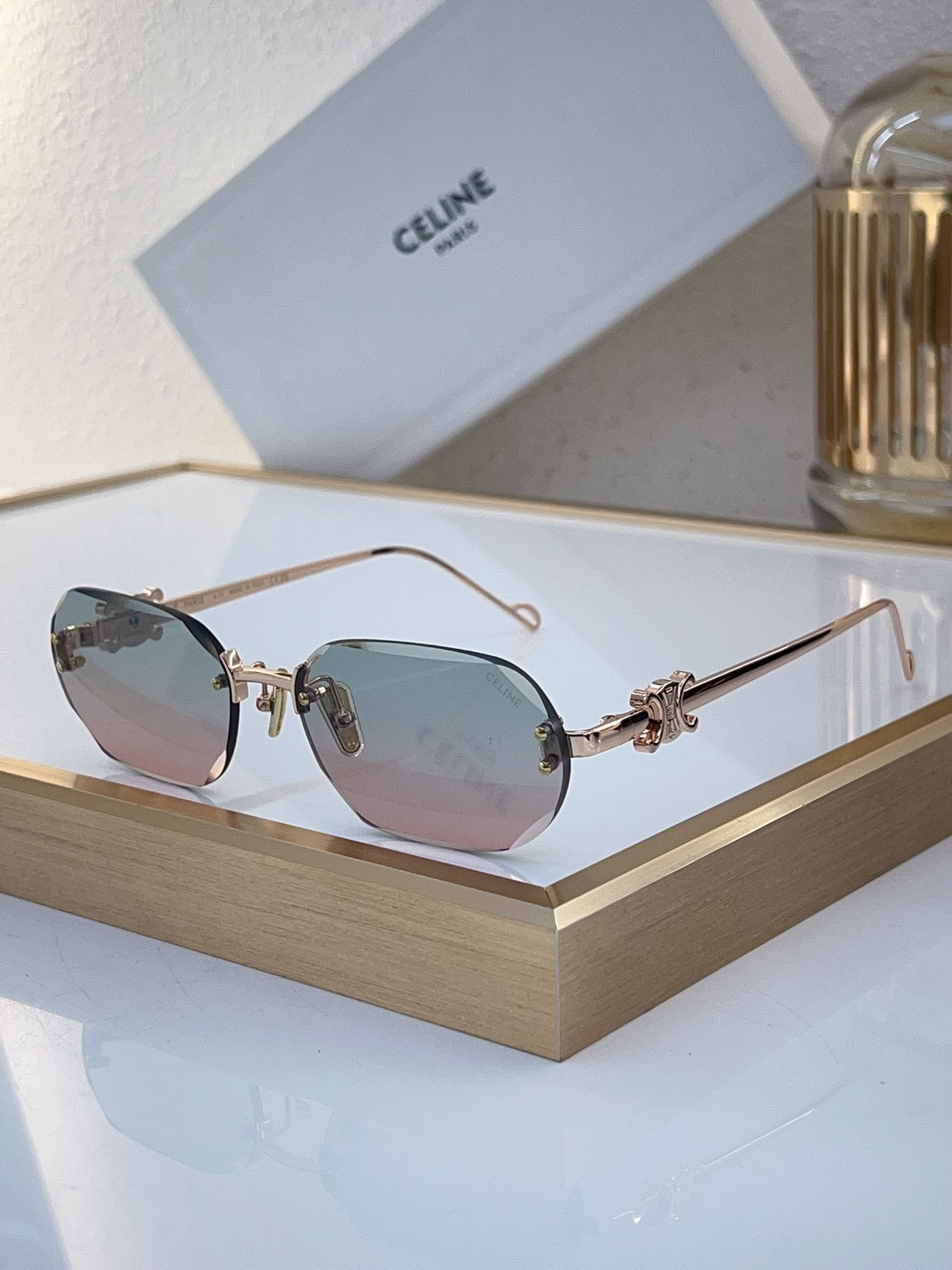 Celine Octagonal Rimless Metal Sunglasses with Silver Triomphe Accents (Model: CL4097)