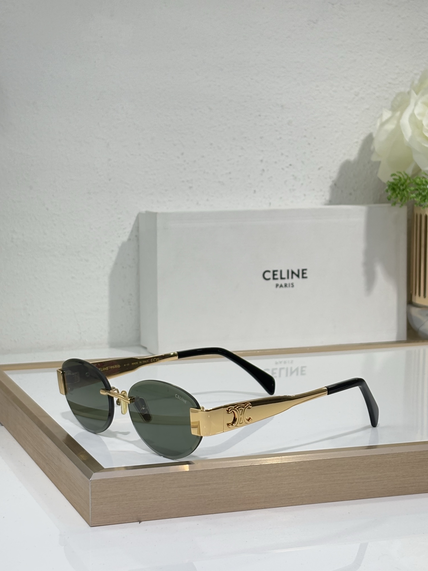 Celine Oval Semi - Rimless Silver - Tone Metal Sunglasses with Triomphe Accents (Model: CL4095)