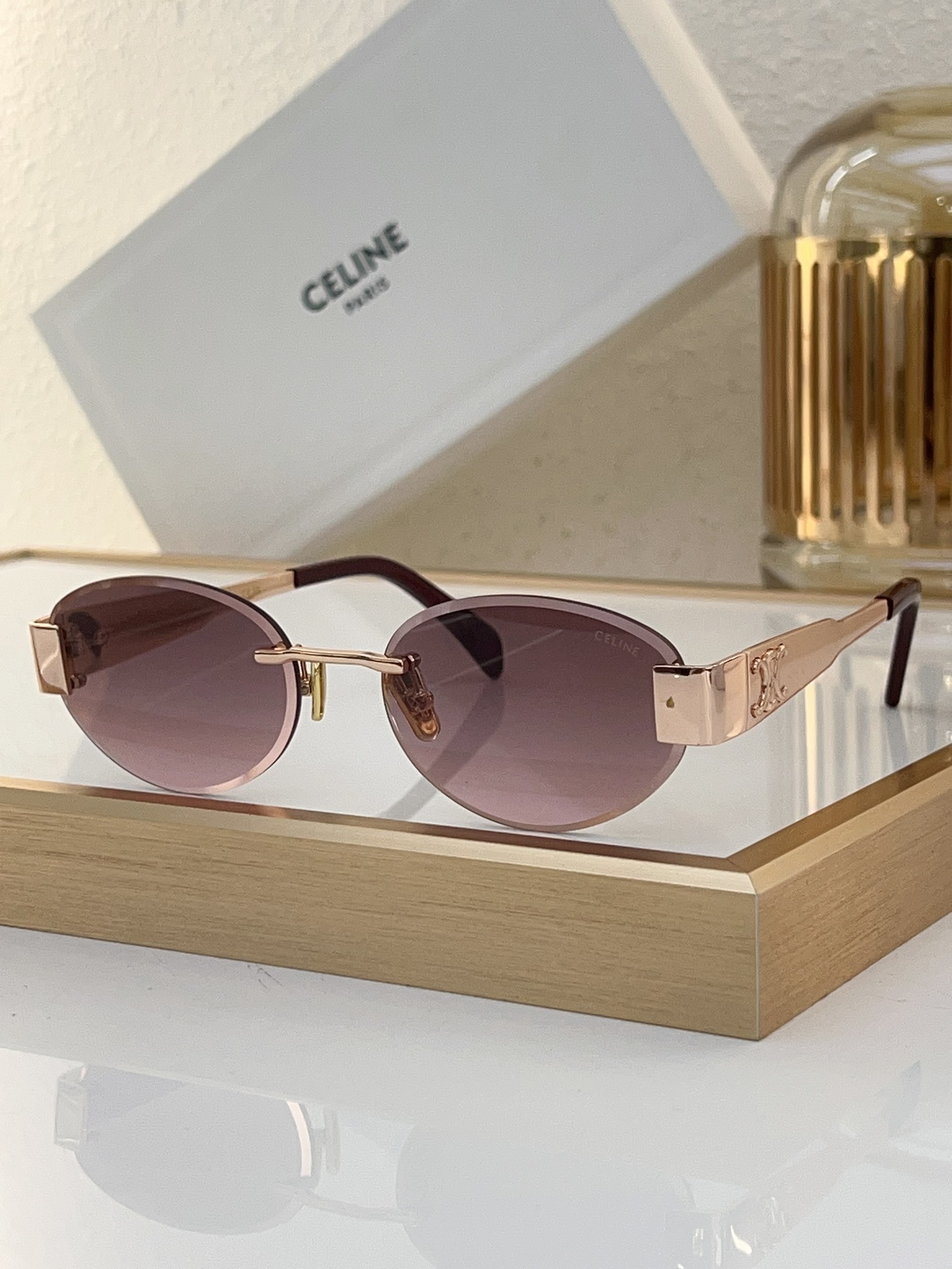 Celine Oval Semi - Rimless Metal Sunglasses with Rose - Gold Triomphe Accents (Model: CL4094)