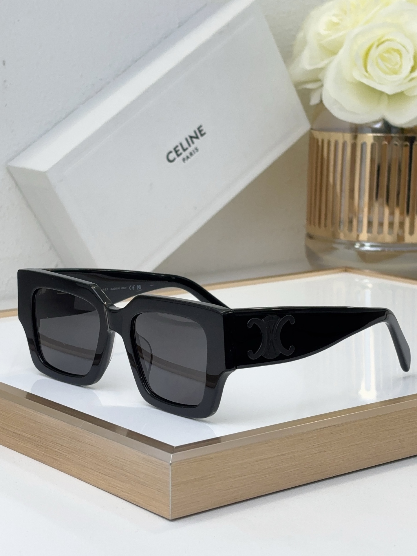 Celine Square Cream Acetate Sunglasses with Gold Triomphe Accents (Model: CL4089)