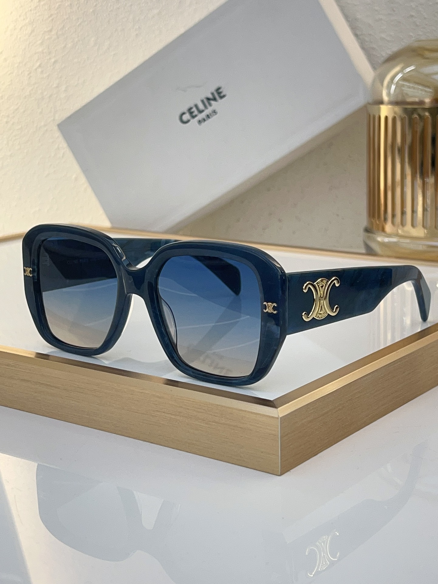 Celine Square Navy Acetate Sunglasses with Gold Triomphe Accents (Model: CL4083)