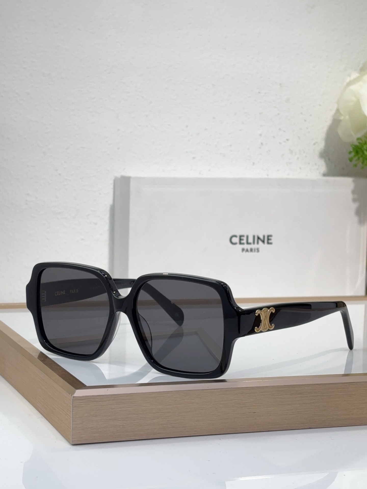 Celine Square Acetate Sunglasses with Gold Triomphe Accents (Model: CL4081)