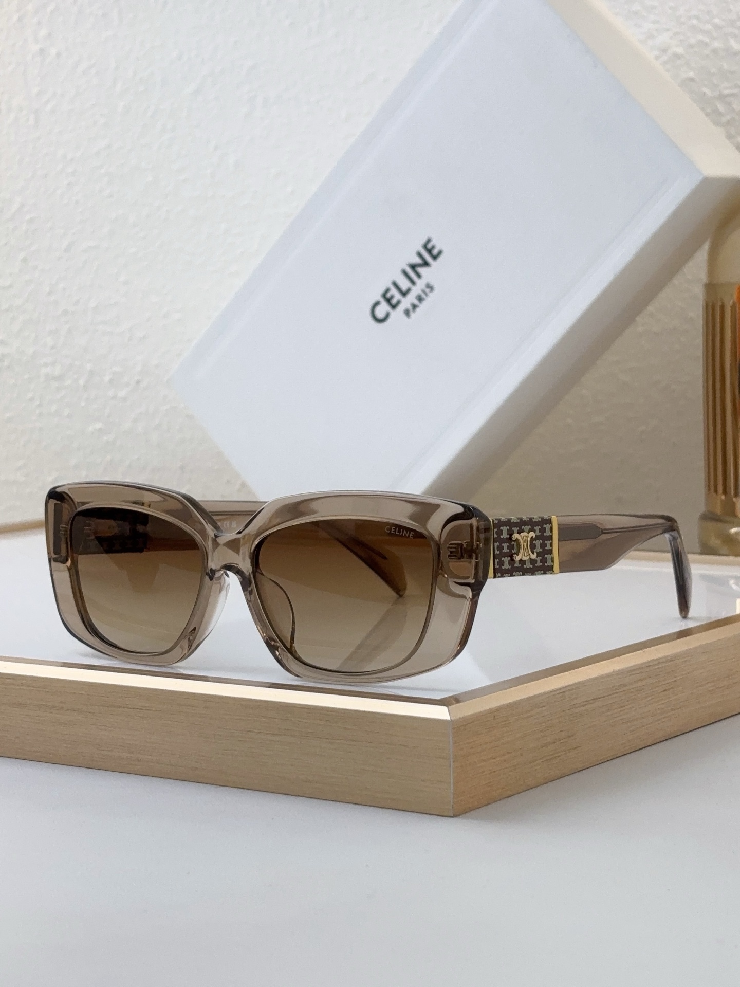 Celine Square Transparent - Brown Acetate Sunglasses with Triomphe Pattern Accents (Model: CL4073)