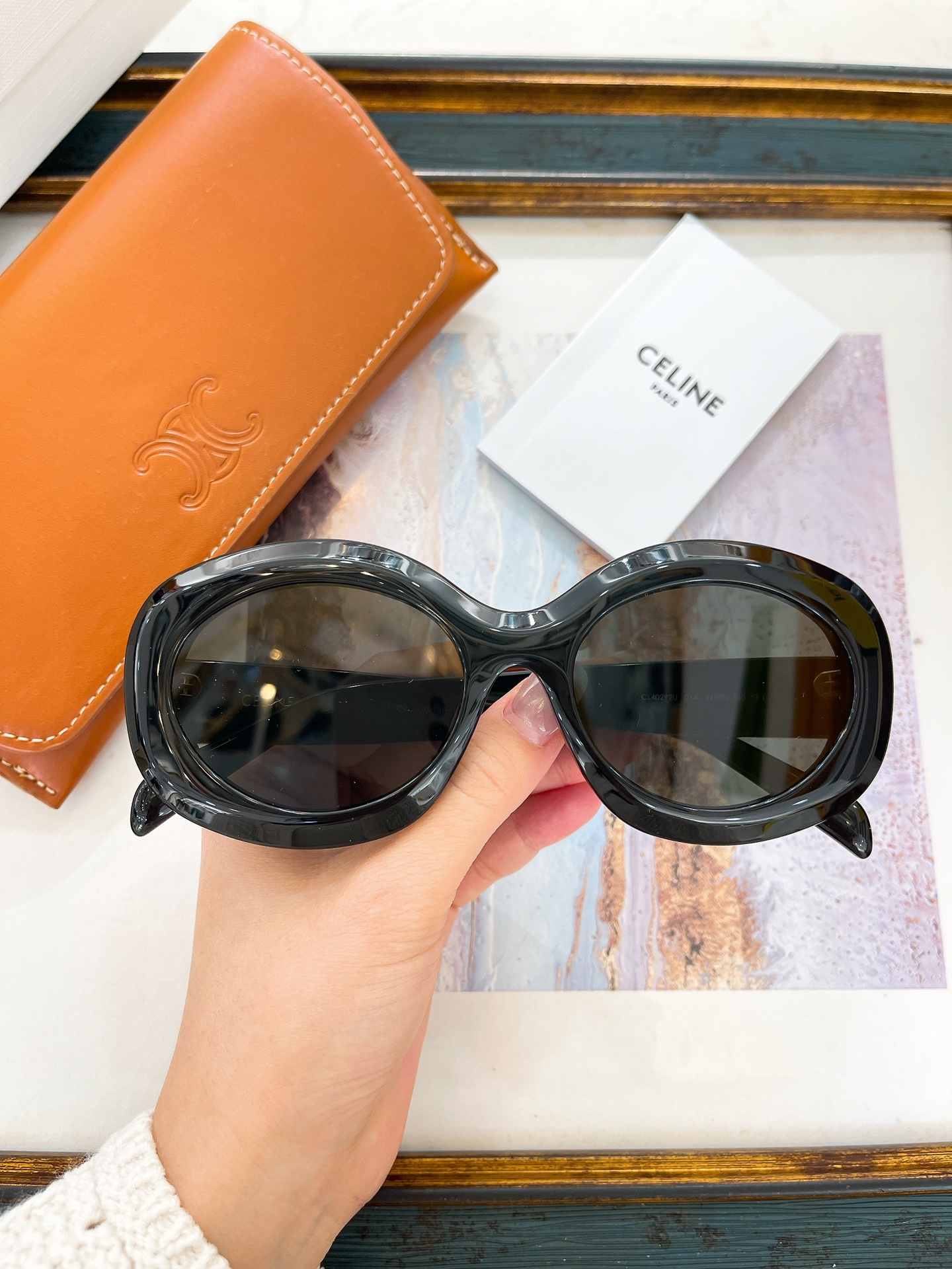 Celine Oval Acetate Sunglasses with Triomphe - Embossed Leather Case (Model: CL4071)