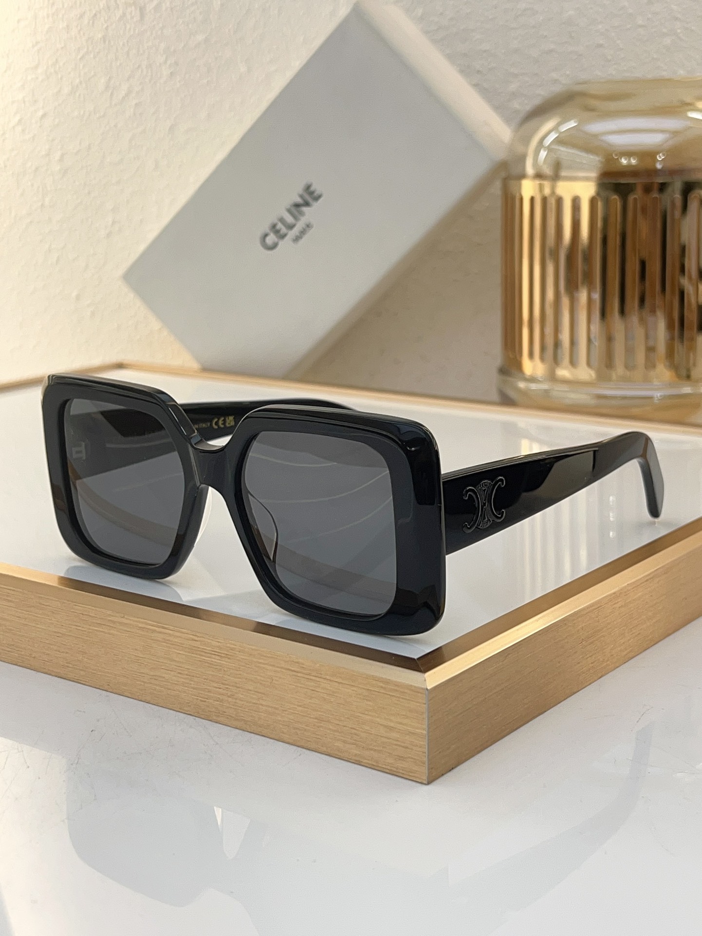 Celine Square Acetate Sunglasses with Gold Triomphe Accents (Model: CL4069)