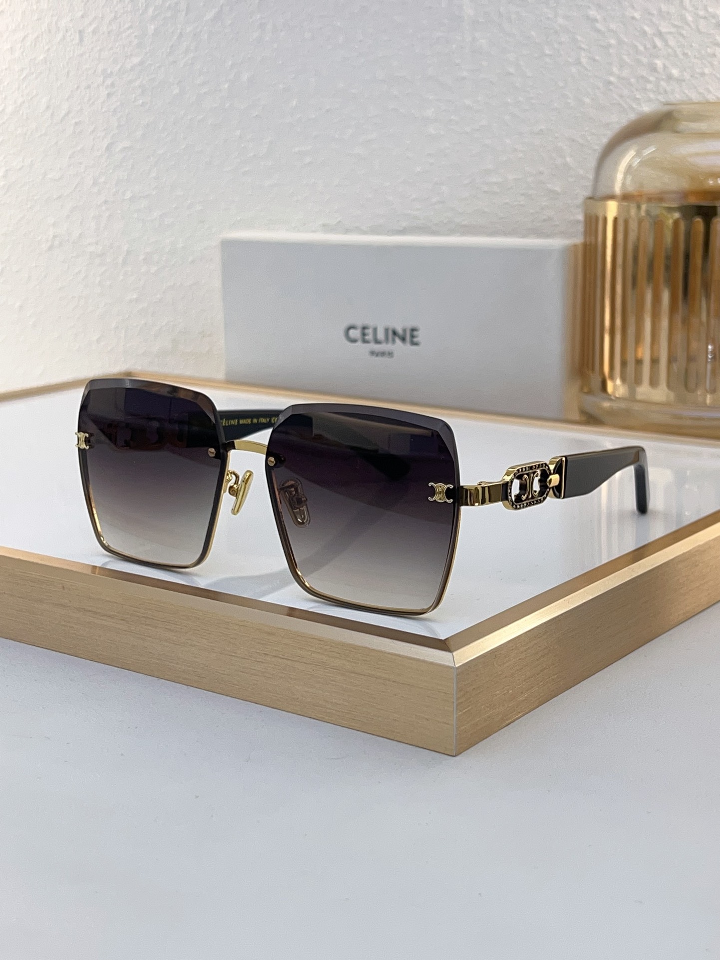 Celine Square Semi - Rimless Sunglasses with Gold Triomphe & Ornate Metal Accents (Model: CL4059)