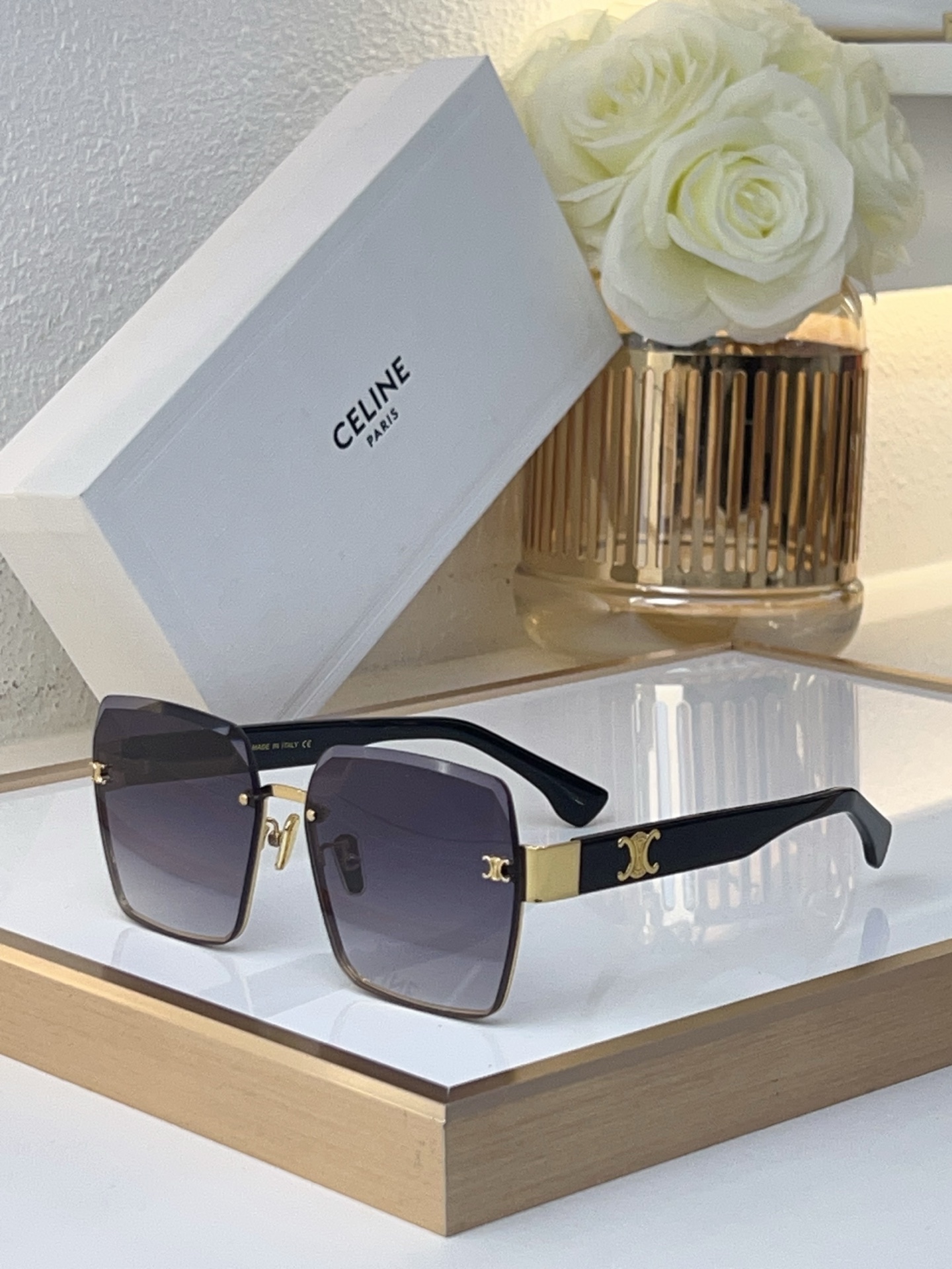 Celine Square Semi - Rimless Sunglasses with Gold Triomphe & Teal Acetate (Model: CL4051)