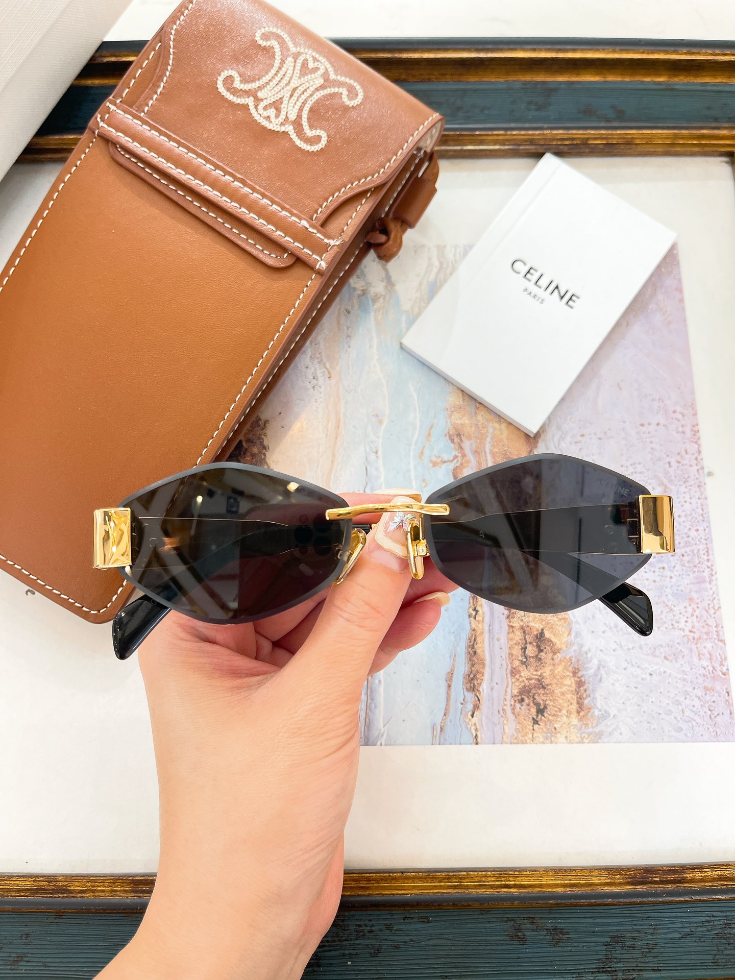 Celine Rimless Cat - Eye Sunglasses with Gold Metal Accents (Model: CL4031)