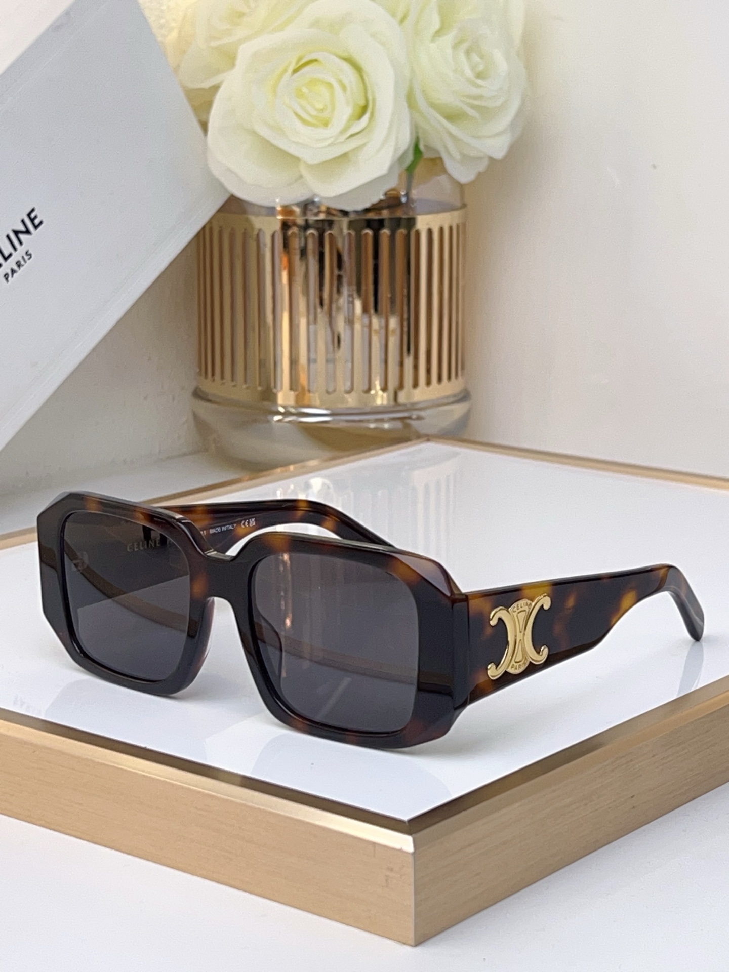 Celine Square Sunglasses with Gold Triomphe Accents & Two - Tone Frame (Model: CL4028)