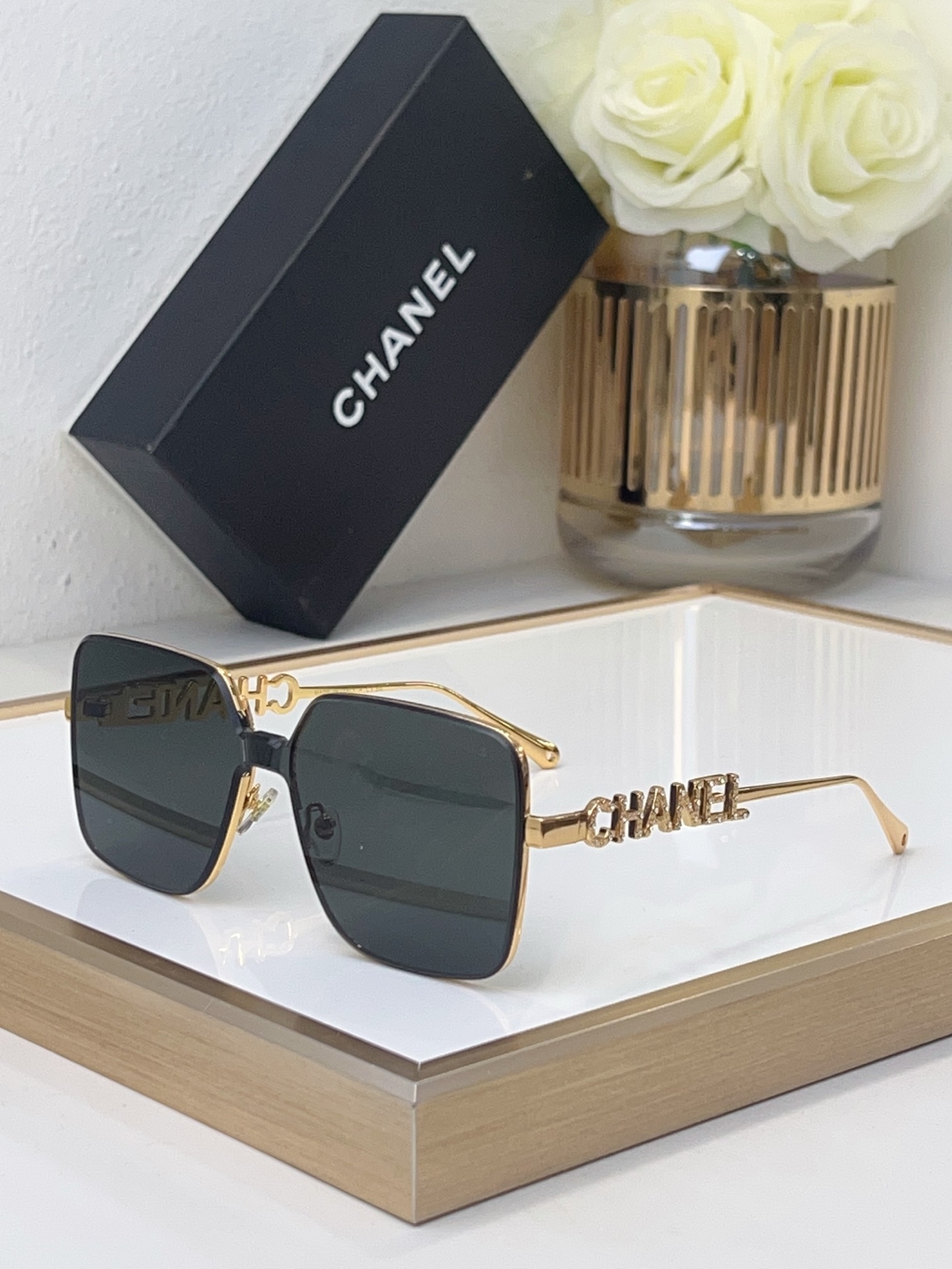 Chanel Square Sunglasses with Crystal - Embellished “CHANEL” Letter Temples (Model: CH5544)