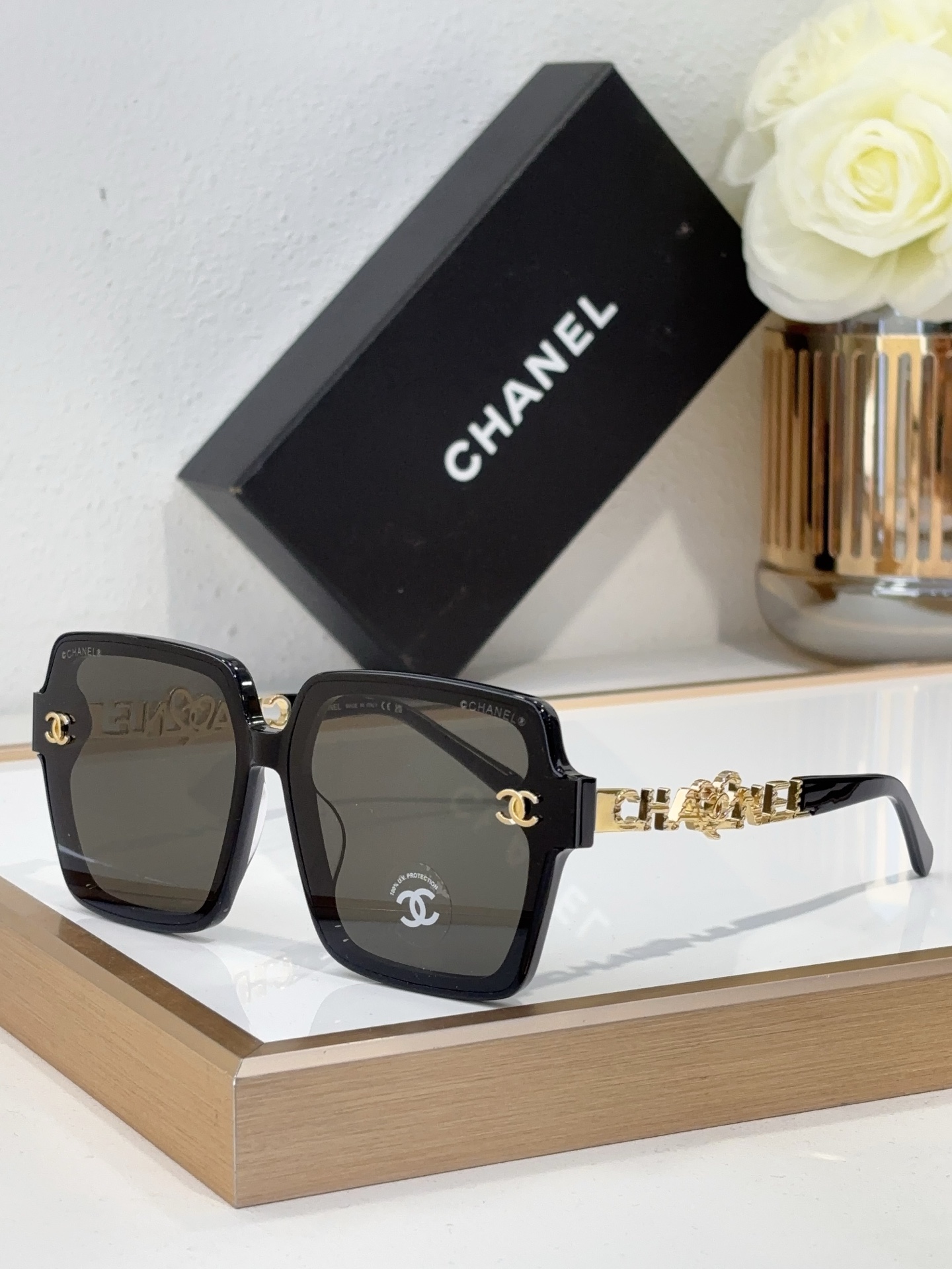 Chanel Square Sunglasses with Gold CC Logos & Chain - Link Temples (Model: CH5535)