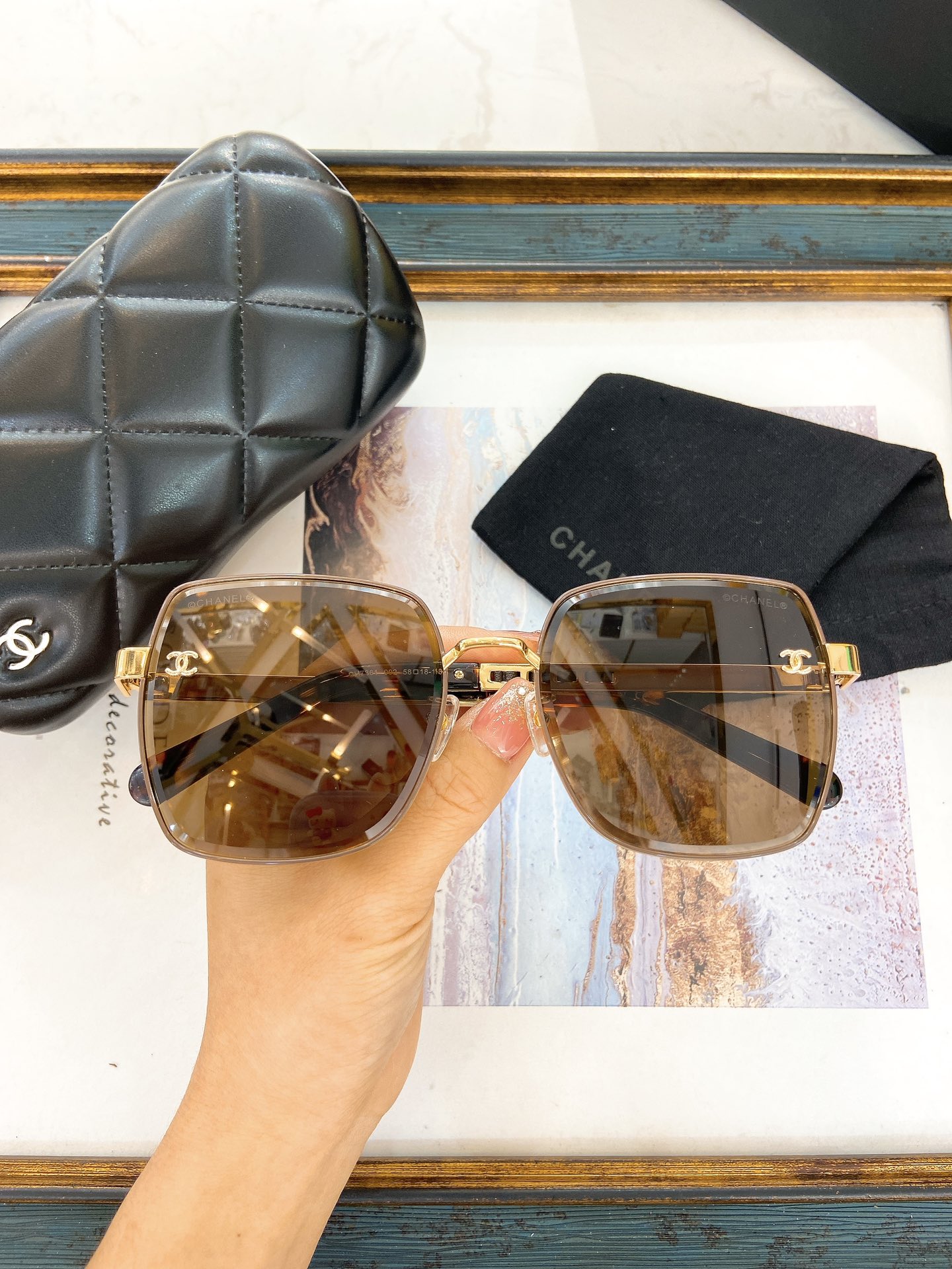 Chanel Square Semi - Rimless Sunglasses with Gold CC Accents & Gradient Brown Lenses (Model: CH4295)