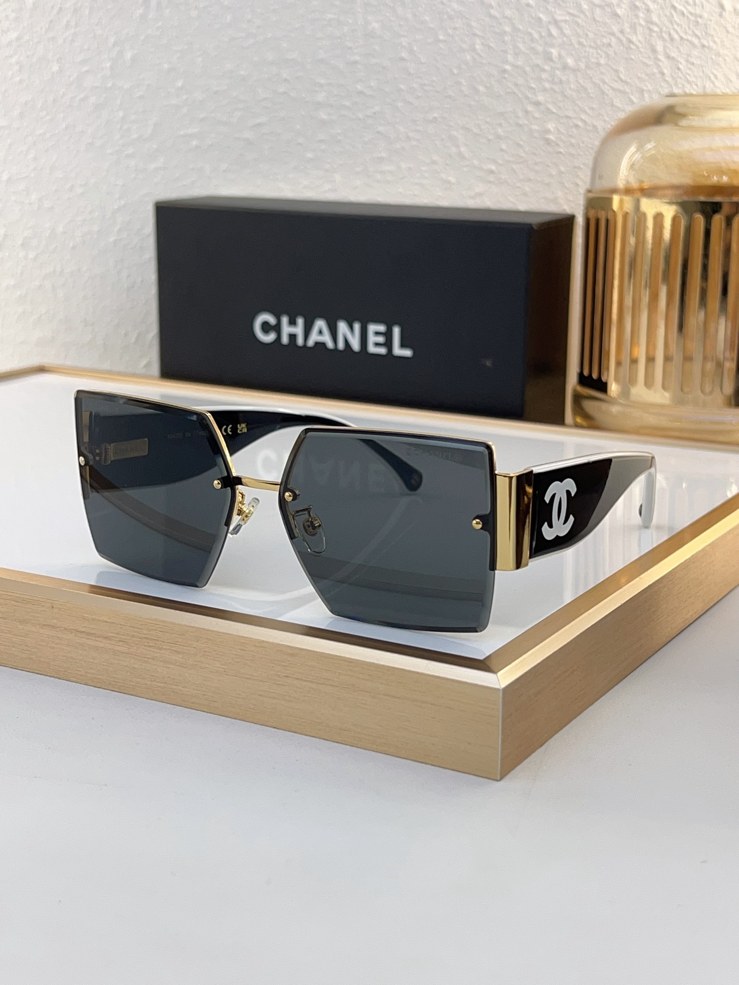 Chanel Square Semi - Rimless Sunglasses with Black CC & Silver Metal Accents (Model: CH4292)
