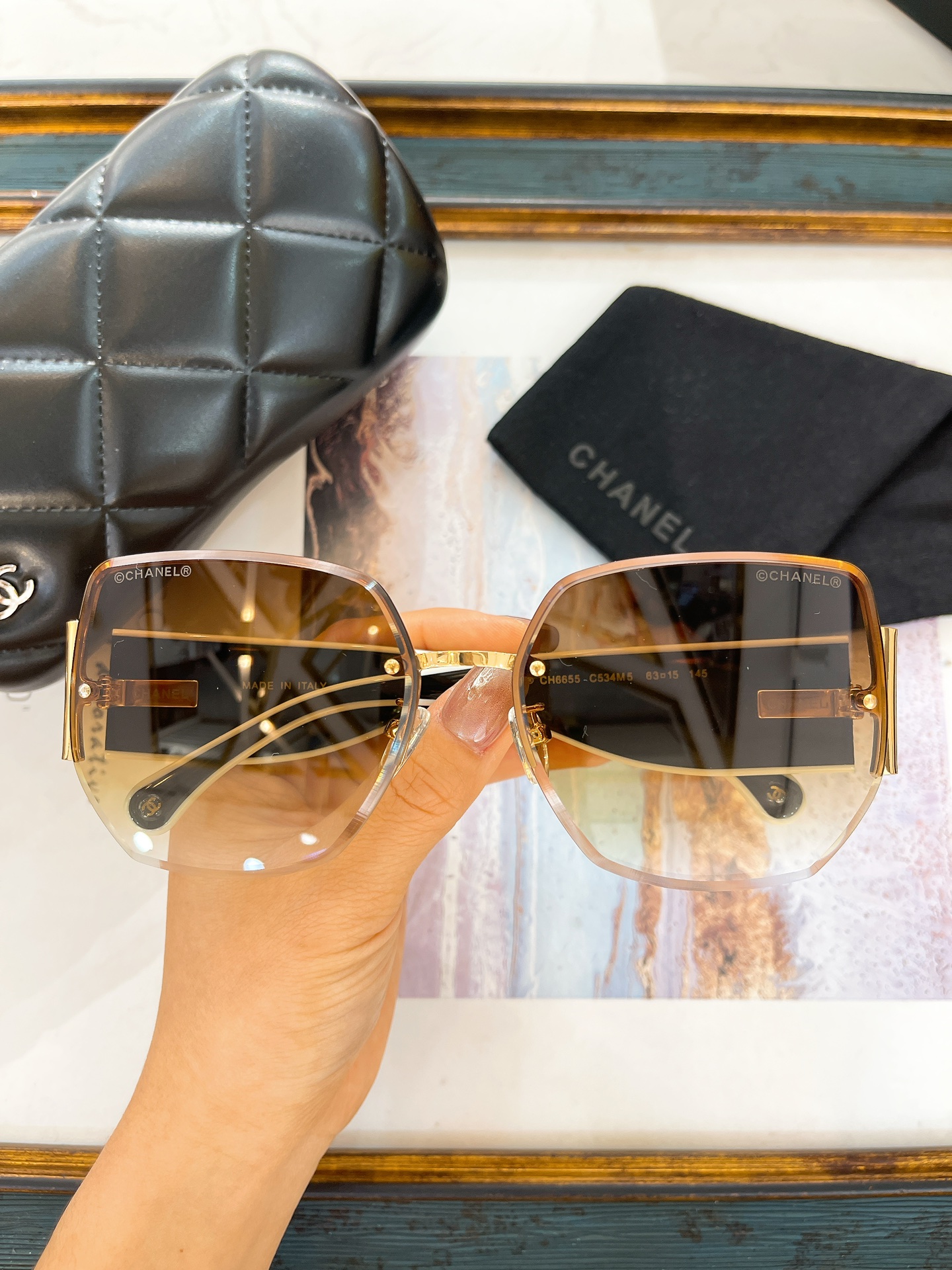 Chanel Hexagonal Rimless Sunglasses with Gold Metal & Gradient Brown Lenses (Model: CH4289)